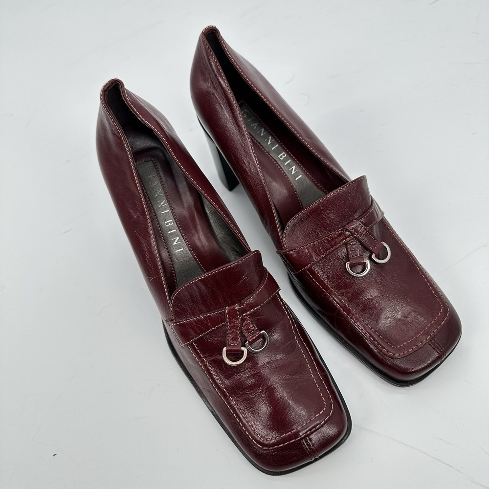 Gianni Bini Burgundy Leather Block Heel Loafers Square Toe Womens 8.5 Officechic